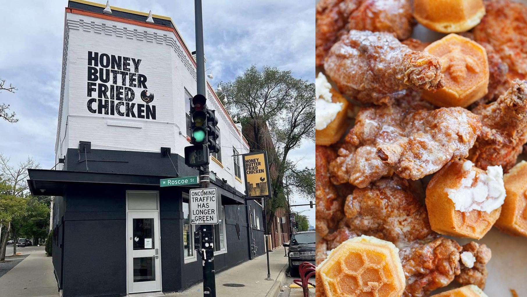 The facade of Honey Butter Fried Chicken next to some of their fried chicken with honey butter and cornmeal muffins